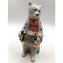 Фарфоровая статуэтка "Цирковой медведь с гармошкой" СССР Дулевский фарфоровый завод 1970-е гг